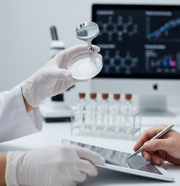 TruForm Chemicals team members performing quality assurance checks on cosmetic raw material sourcing documents.