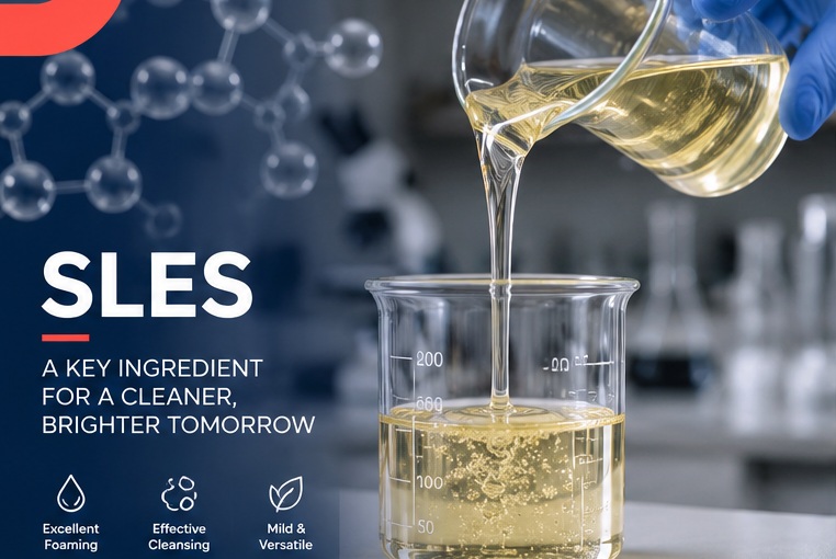 Clear to yellow SLES (Sodium Lauryl Ether Sulfate) liquid surfactant sample in a laboratory setting