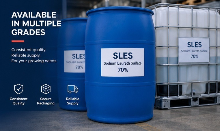 SLES (Sodium Lauryl Ether Sulfate): The Complete Guide for Formulators and Bulk Buyers Bulk SLES 70% surfactant packaged in HDPE drums for wholesale supply